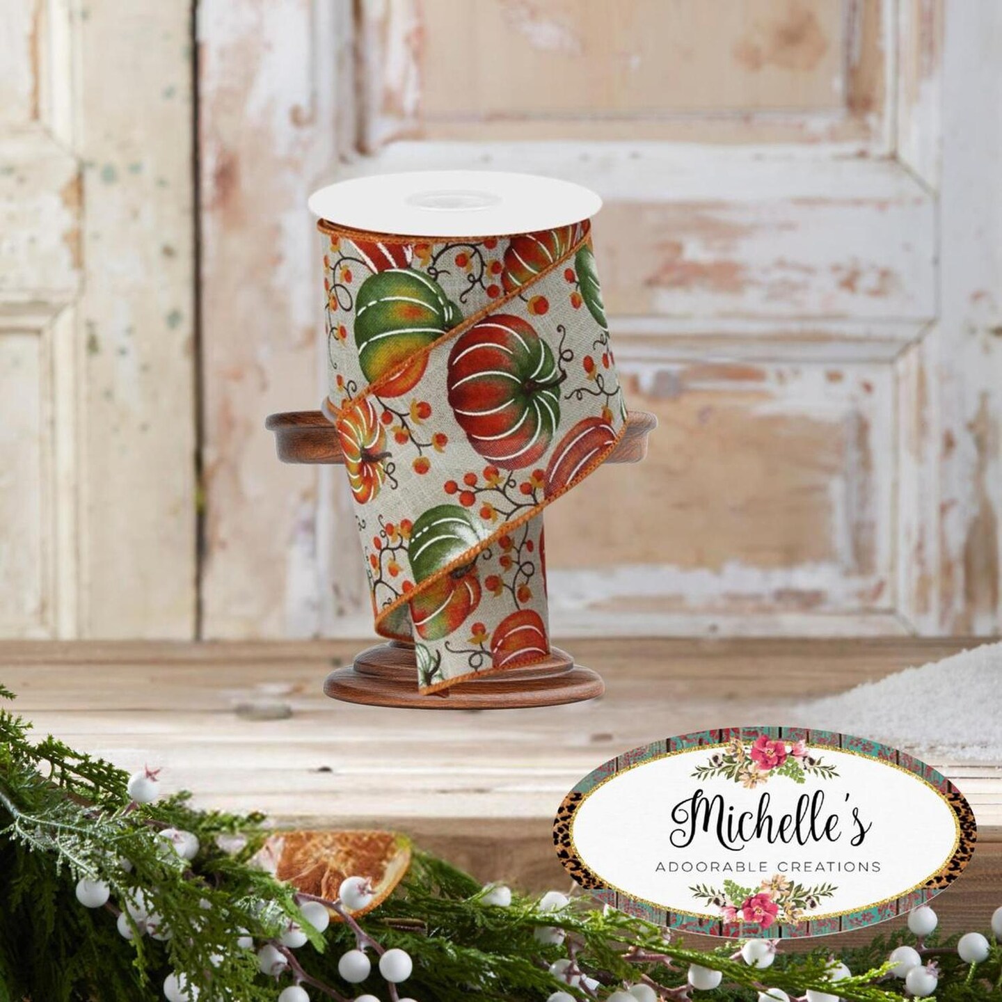 2.5" Pumpkins Bittersweet Ribbon: Light Natural/Rust (10 Yards)