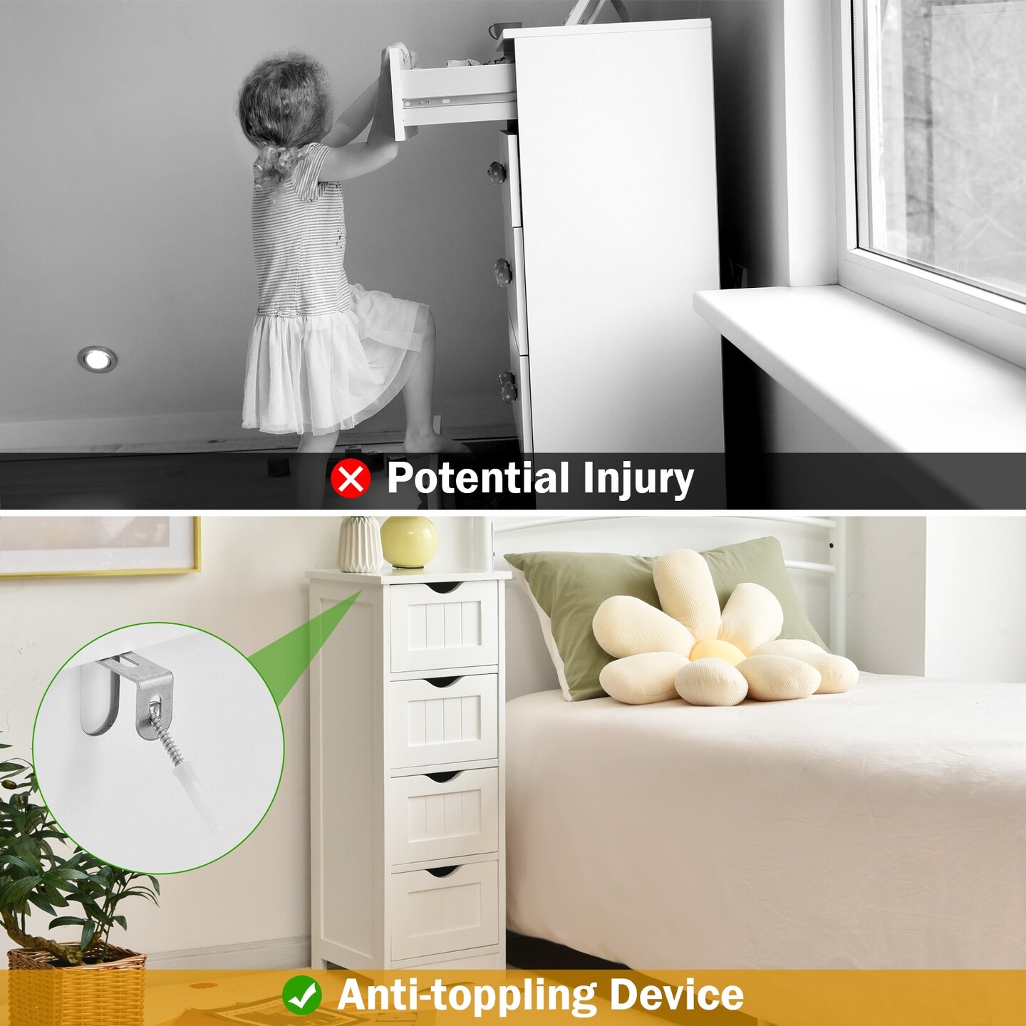 Freestanding Storage Cabinet 4 Drawers with Anti-Toppling Device and Waterproof Surface