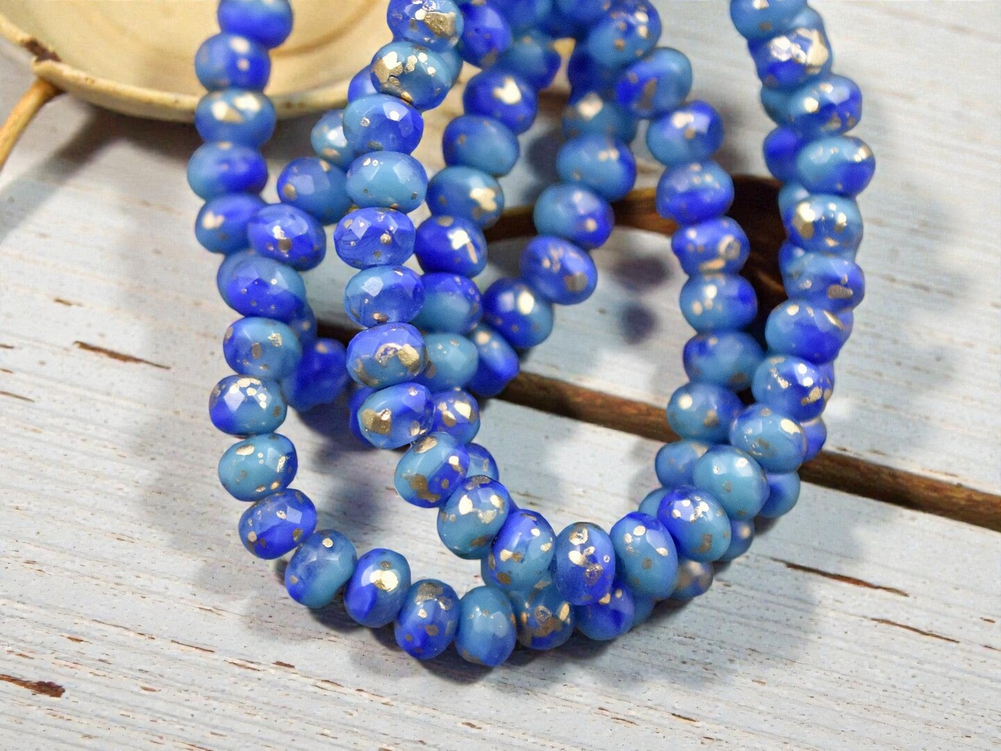 *30* 3x5mm Antique Gold Washed Blended Turquoise & Royal Blue Silk Fire Polished Rondelle Beads