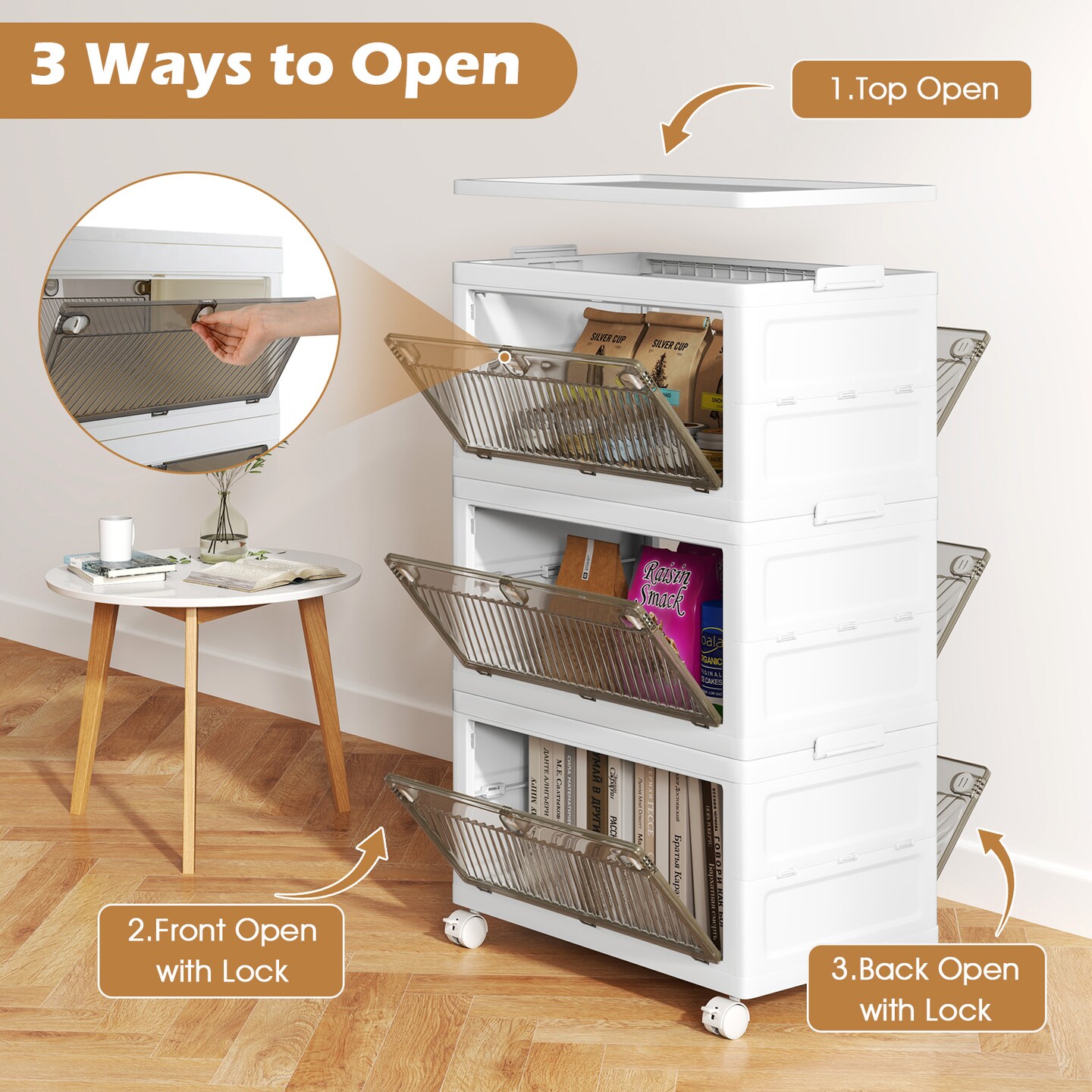 White-Brown PP HIPS Folding 3-Tier Stackable Storage Bins with Wheels