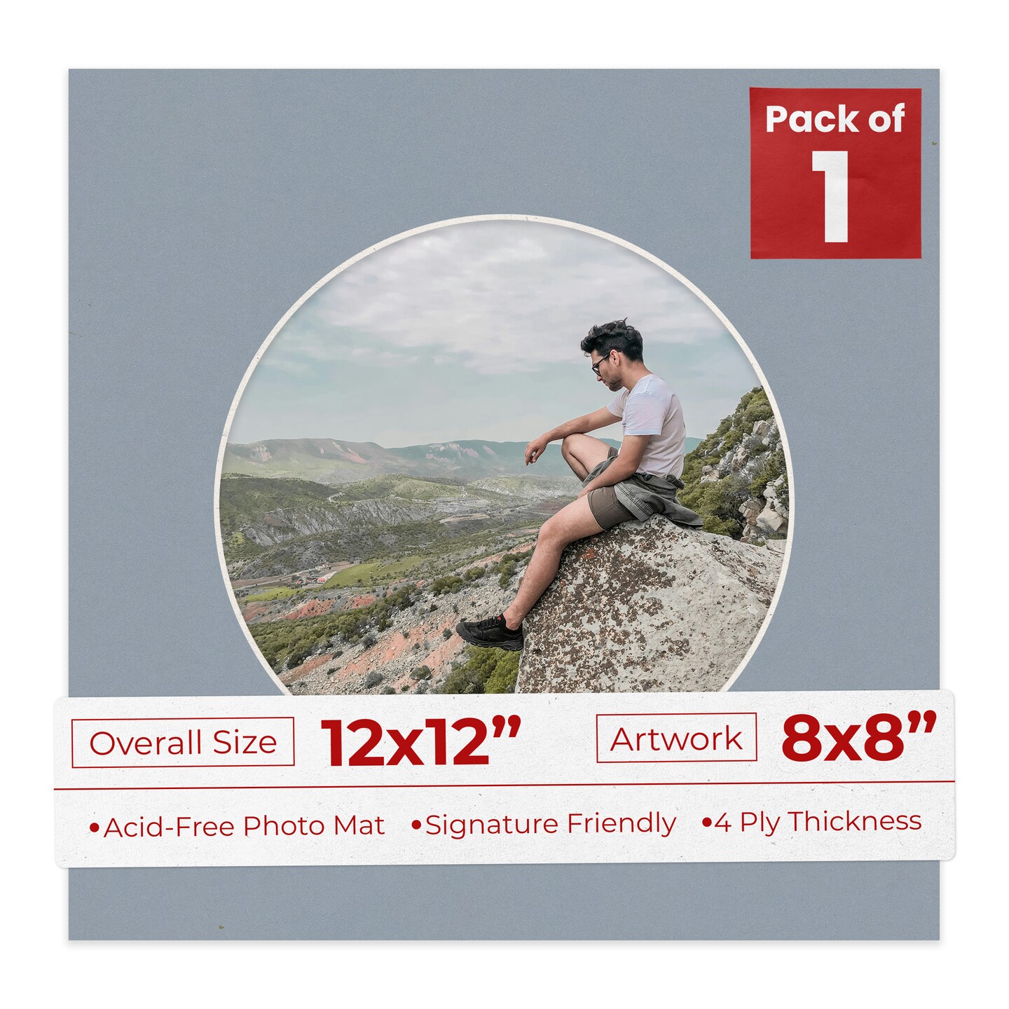 Mid Grey Mat Board for 12x12 Frames - Circle Opening for 8x8 Photos