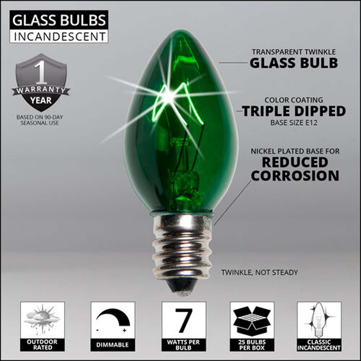 25 Bulbs - C7 Twinkle Triple Dipped Transparent Green, 7 Watt lamp