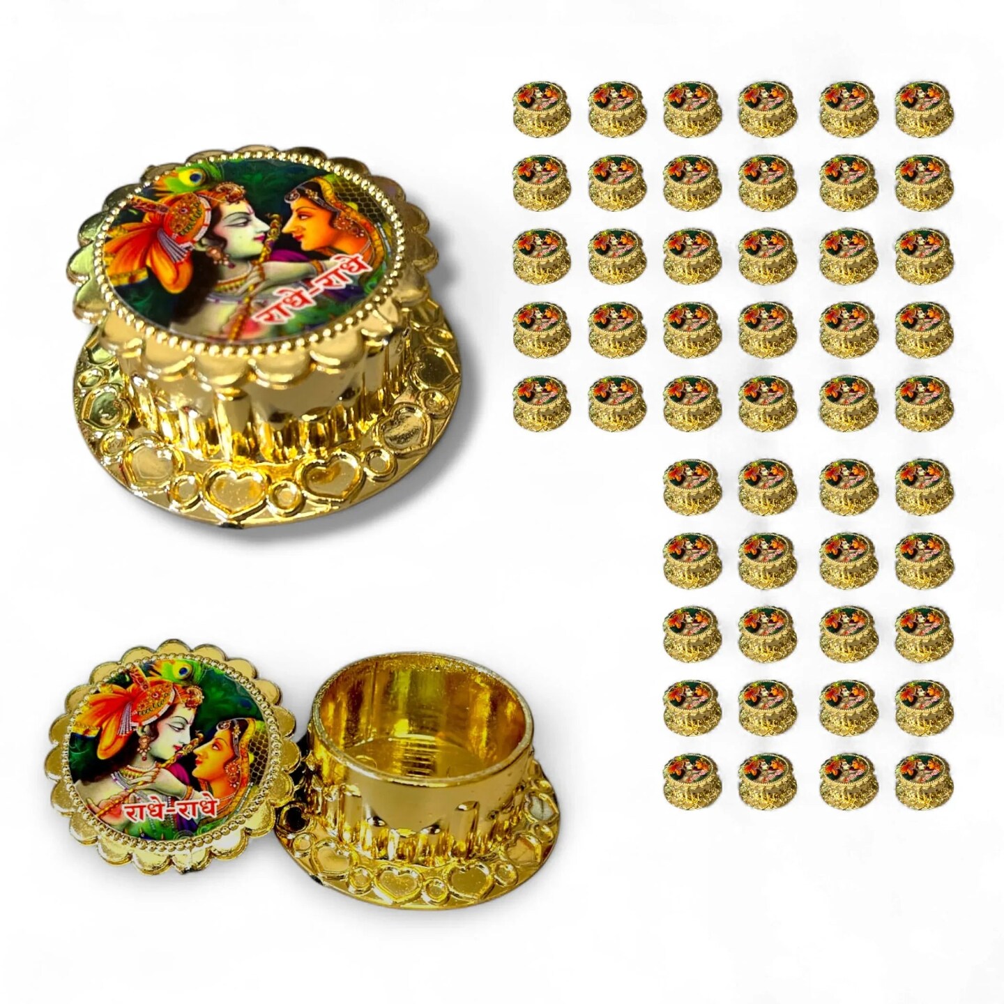 Radha Krishna Haldi Kumkum Holder Traditional Roli Chawal/Rice Holder for Pooja - Hindu Wedding Housewarming Return Gifts Indian Temple Decor Diwali Favors Religious Puja Accessories