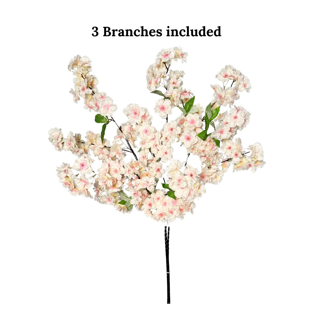 Jade Cream Blush Pink Silk Cherry Blossom Flower Branches Set of 3 Pack 40''