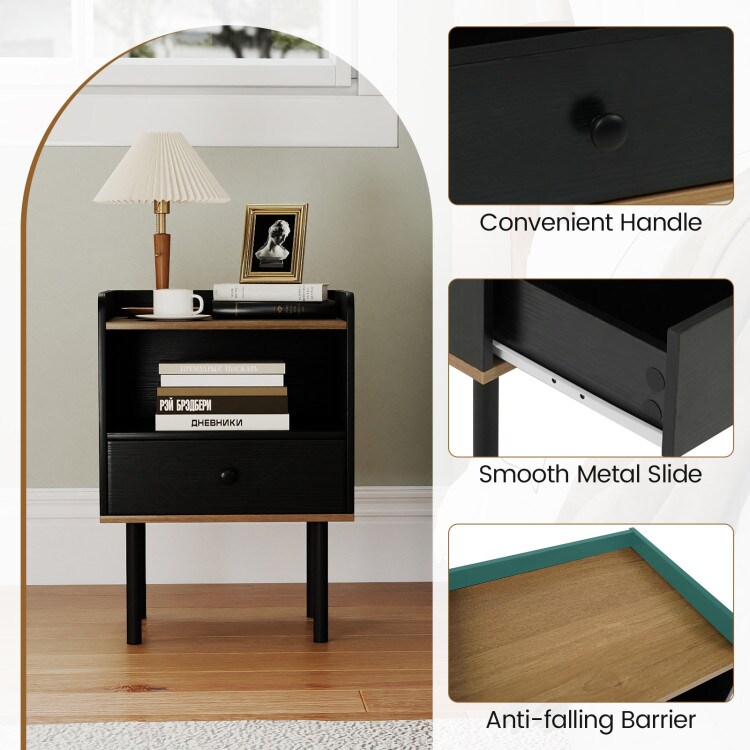 Nightstand with Drawer and 3-Tier Open Shelf for Sofa Side, End Table, or Bedroom