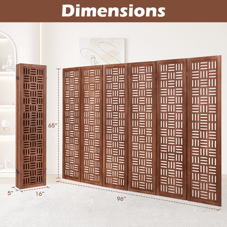 Walnut 6-Panel Foldable Room Divider – Paulownia Wood Screen with Carved Design for Home