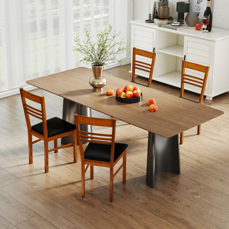 Mid-Century Walnut Dining Chairs Set of 2 Rubber Wood Frame, Black PU Leather Cushioned Seat