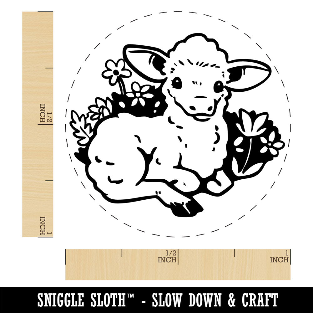 Easter Lamb Sitting In Grass and Flowers Rubber Stamp for Stamping Crafting Planners