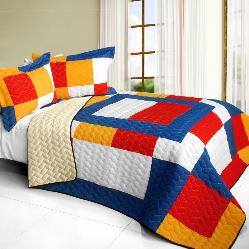3-Piece Full/Queen Quilt Set with Reversible Geometric Patchwork Design