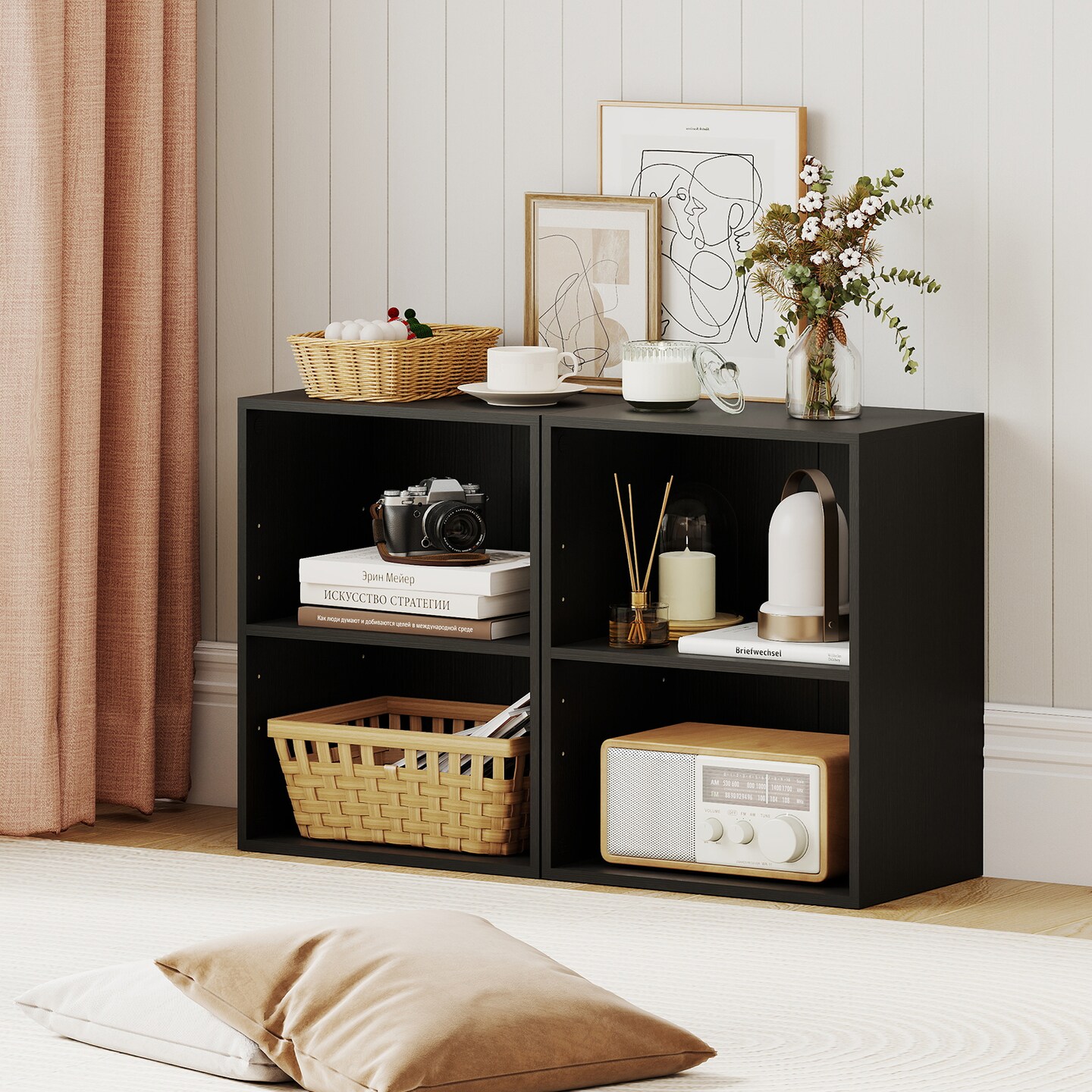 2-Tier Adjustable Cube Bookshelf, Rustic Engineered Wood Storage Organizer, Modern Display Shelf