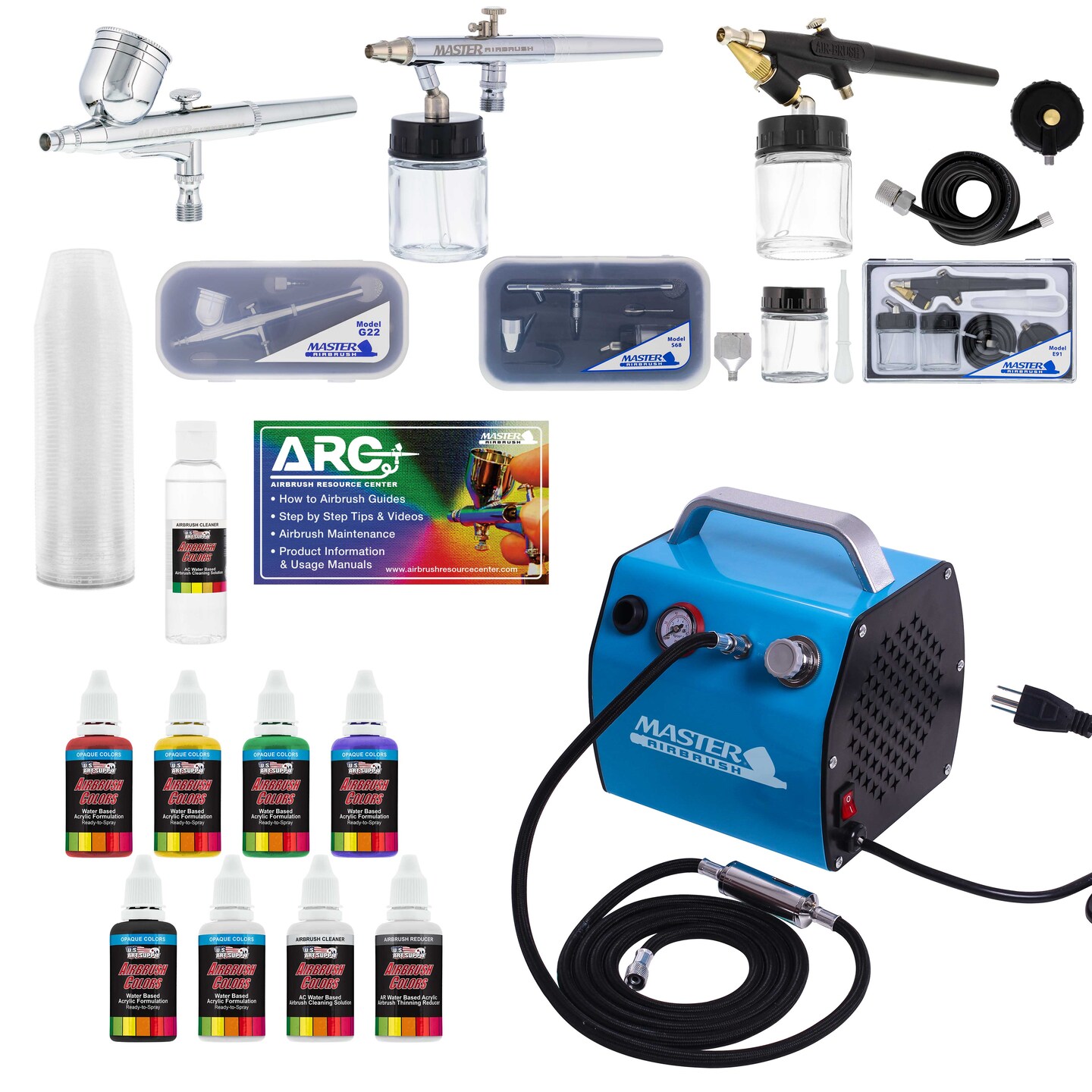 Professional 3 Airbrush Kit with High Performance Compact Airbrush Compressor, Air Hose, 6 Color Airbrush Paint Set with Cleaner &#x26; Paint Reducer