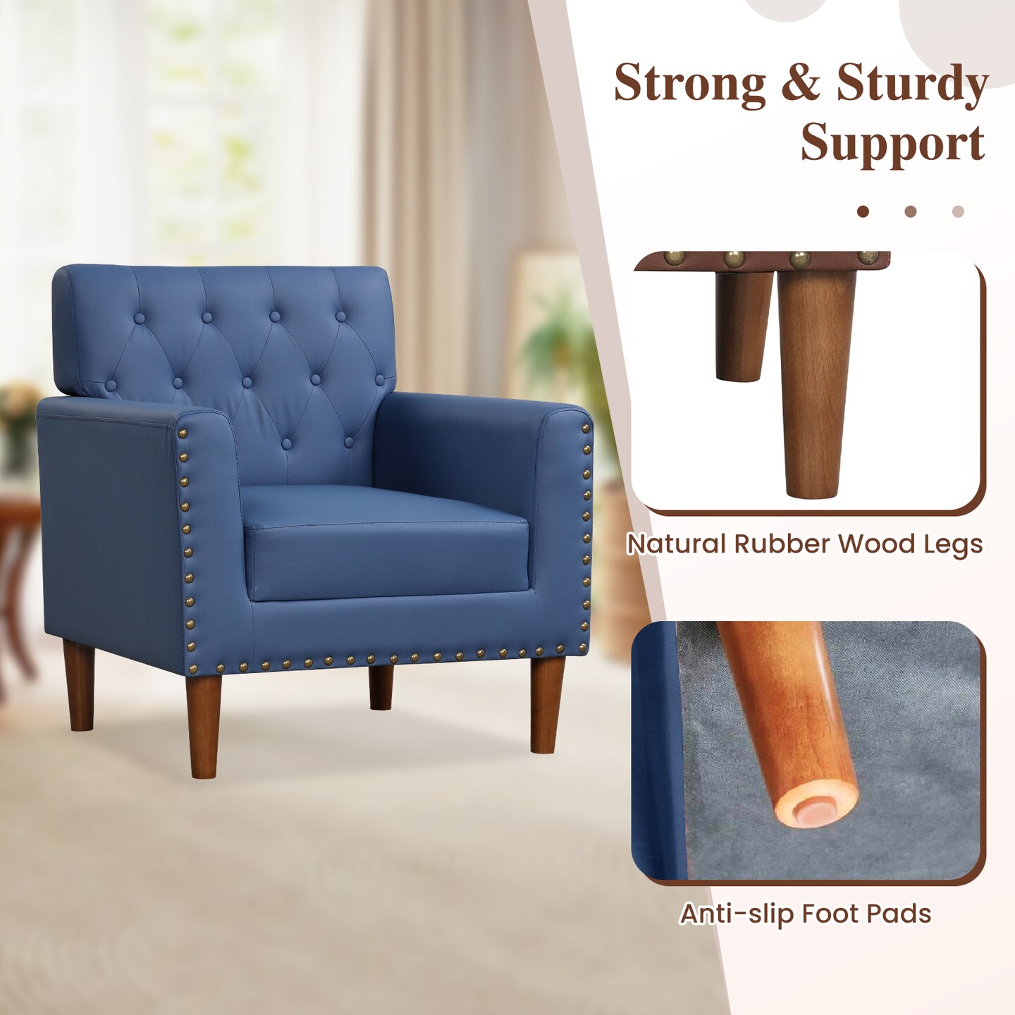 Tufted Faux Leather Accent Chair with Rubber Wood Legs – Modern Armchair with 5'' Thick Cushion