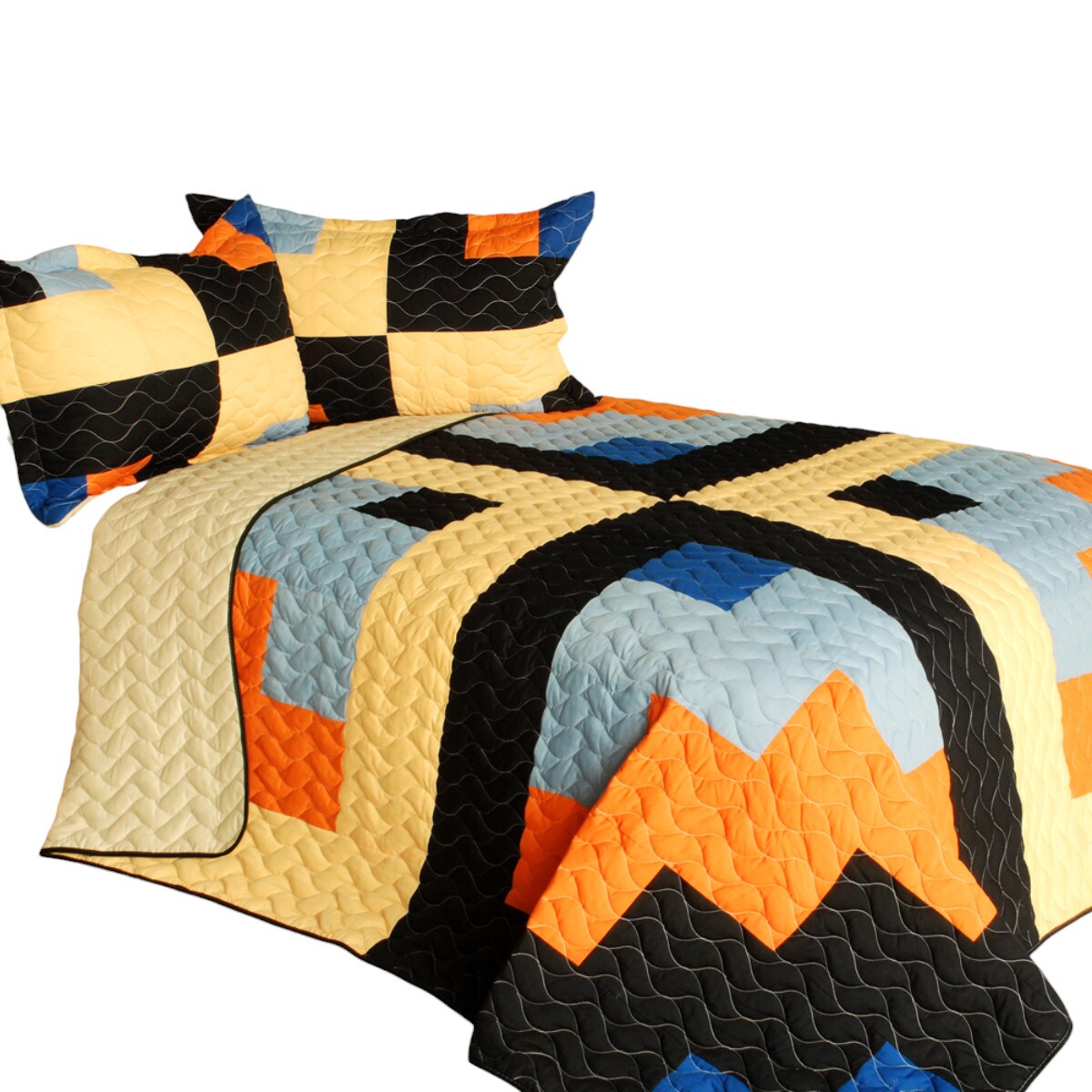 Full/Queen 3-Piece Reversible Patchwork Quilt Set Vermicelli Quilting, Handmade Geometric Design & Zipper Shams