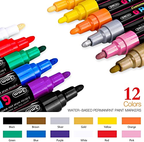 Set of 12 Acrylic Paint Pens Paint Markers for Rocks, Craft, Ceramic, Glass, Wood, Fabric, and Canvas Art Crafting Supplies