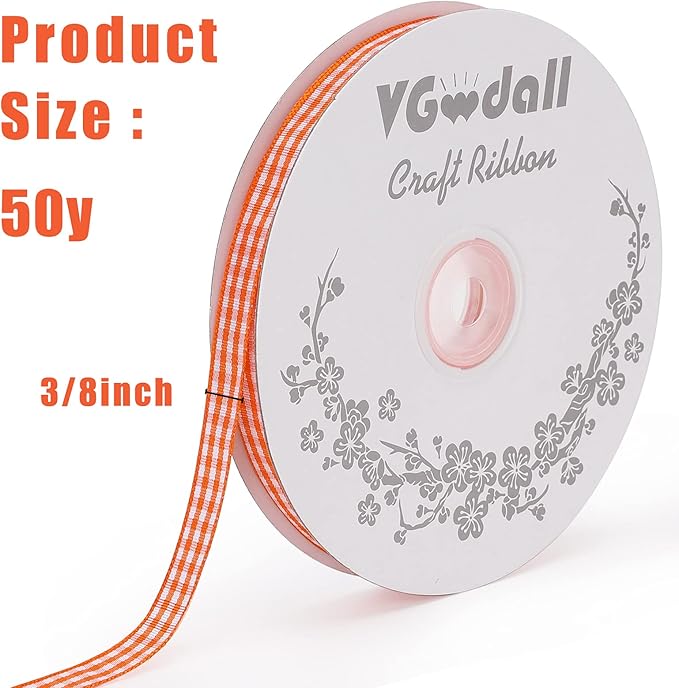 Reddish-Orange Gingham Ribbon, 3/8 x 50 Yard Picnic Craft Ribbon. Reddish-Orange Plaid Ribbons for Hair Accessories Craft and Easter Gift Wrapping Ribbons, Check Ribbons for Baby Shower