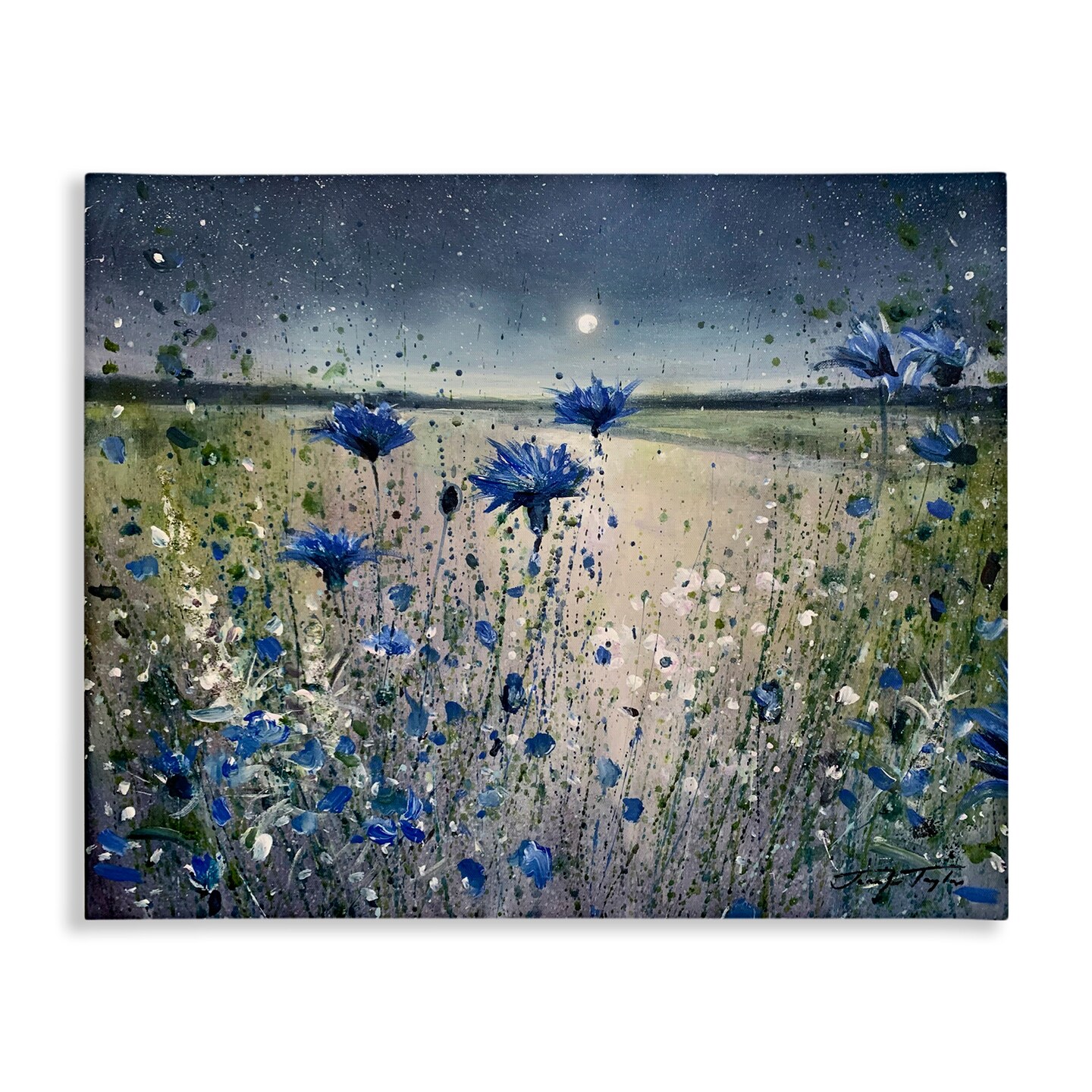 Stupell Industries Blooming Blue Flowers Night Moon Canvas Wall Art
