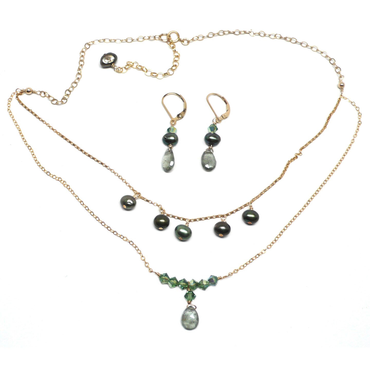 Moss Aquamarine Briolette Dainty Crystal Bar Chain Two Tier Layered Necklace Gold Filled