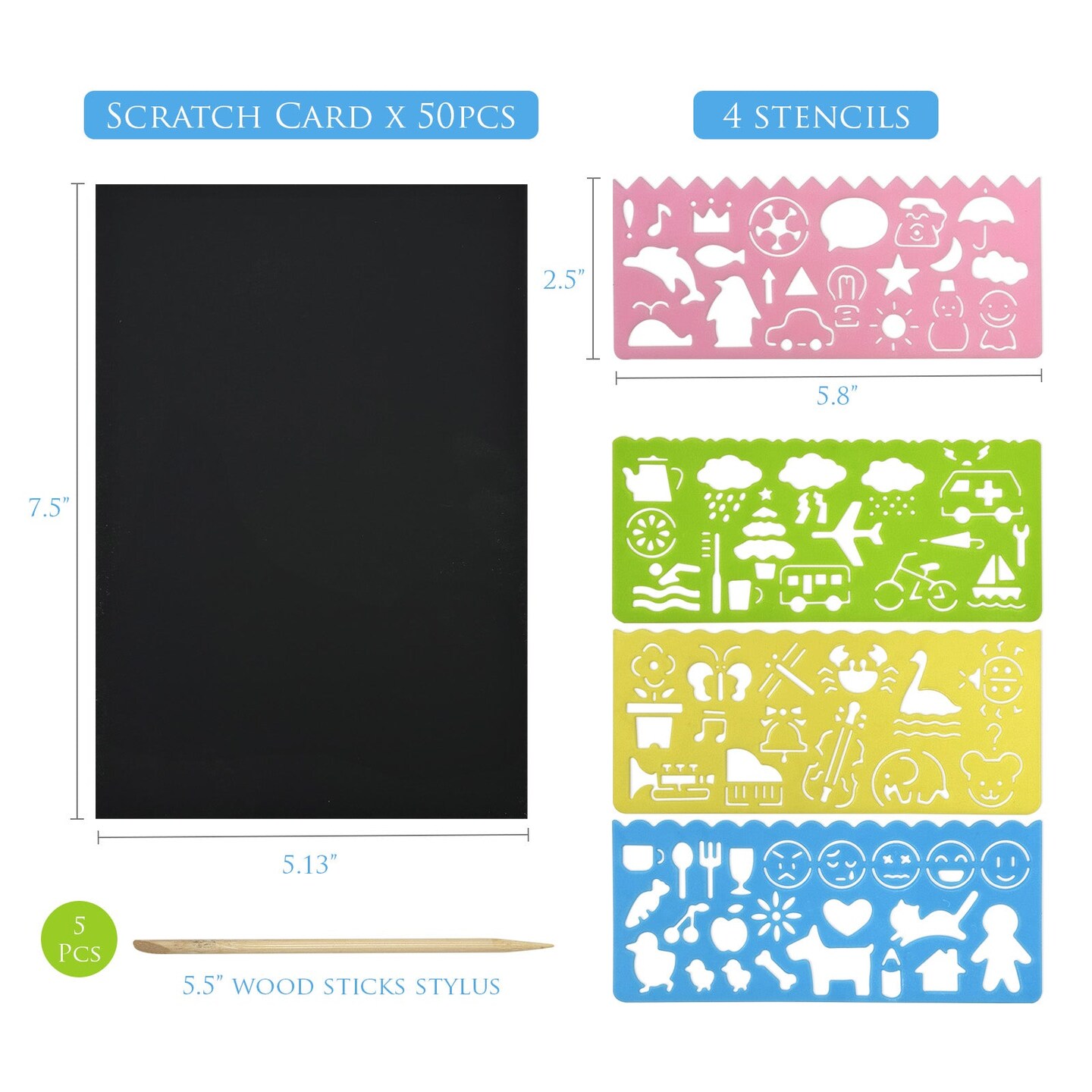 Wrapables DIY Rainbow Magic Scratch Arts Set, 50 Sheet Scratch Art Paper with 4 Stencils and 5 Styluses