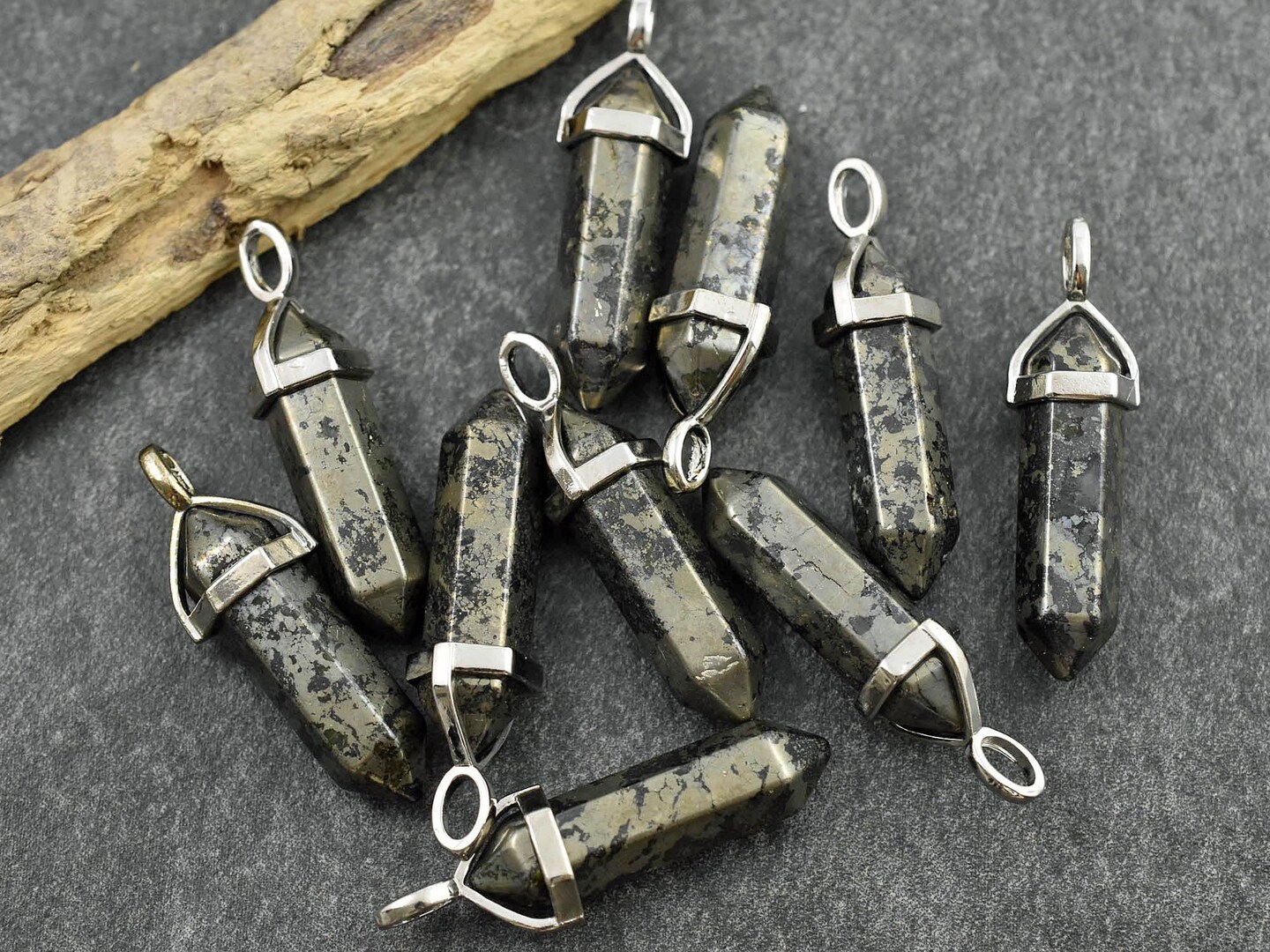 40mm Platinum Tone Natural Pyrite Double Terminated Bullet Pendant