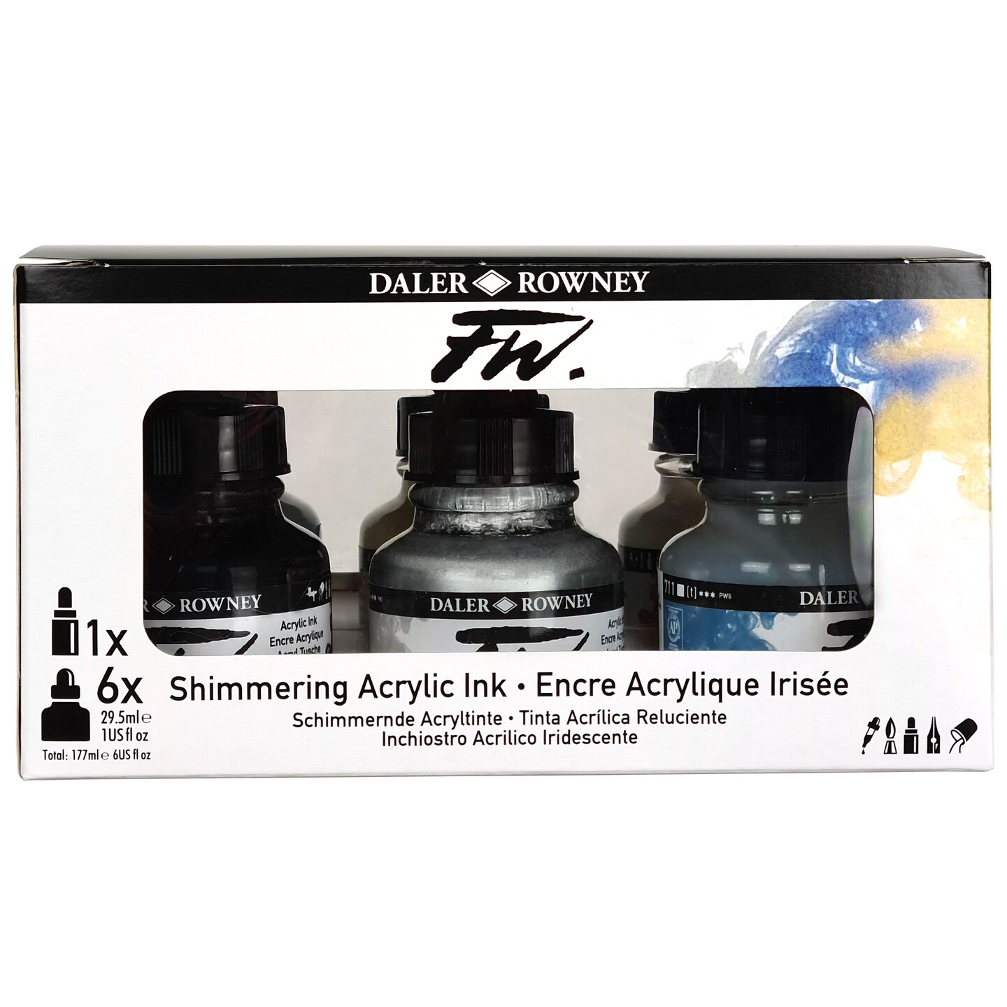Daler-Rowney FW Acrylic Ink Set 6/Pkg with Empty Marker-Shimmering