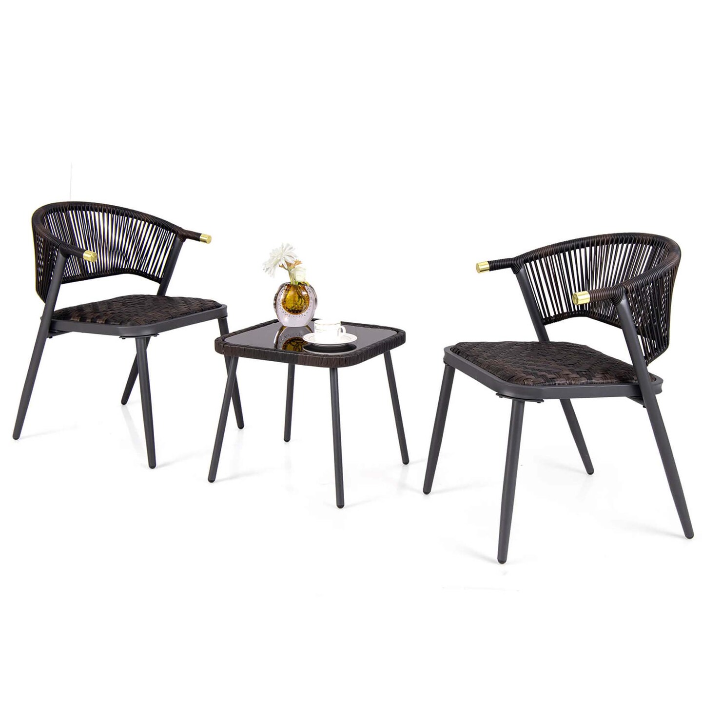 Costway 3 PCS Patio Rattan Furniture Set with Tempered Glass Tabletop Wicker Seat