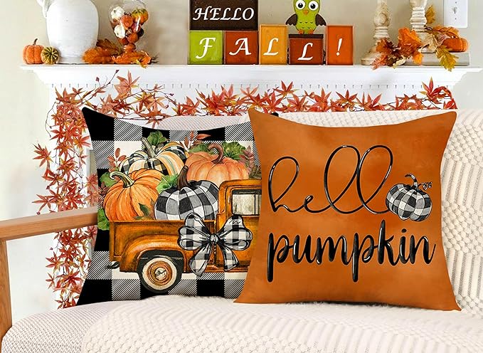 Fall Pillow Covers 18x18 Set of 4 for Thanksgiving Buffalo Check Farmhouse Decorations Orange Pumpkin Outdoor Autumn Farm Truck Pillows Decorative Throw Cushion Case for Home Decor, S23F22