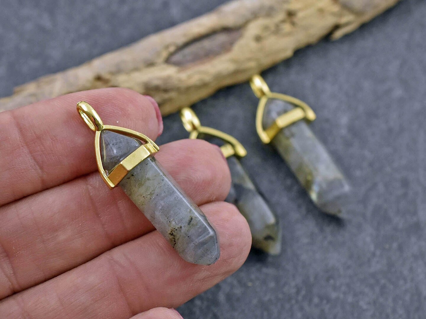 40mm Gold Tone Natural Labradorite Double Terminated Bullet Pendant