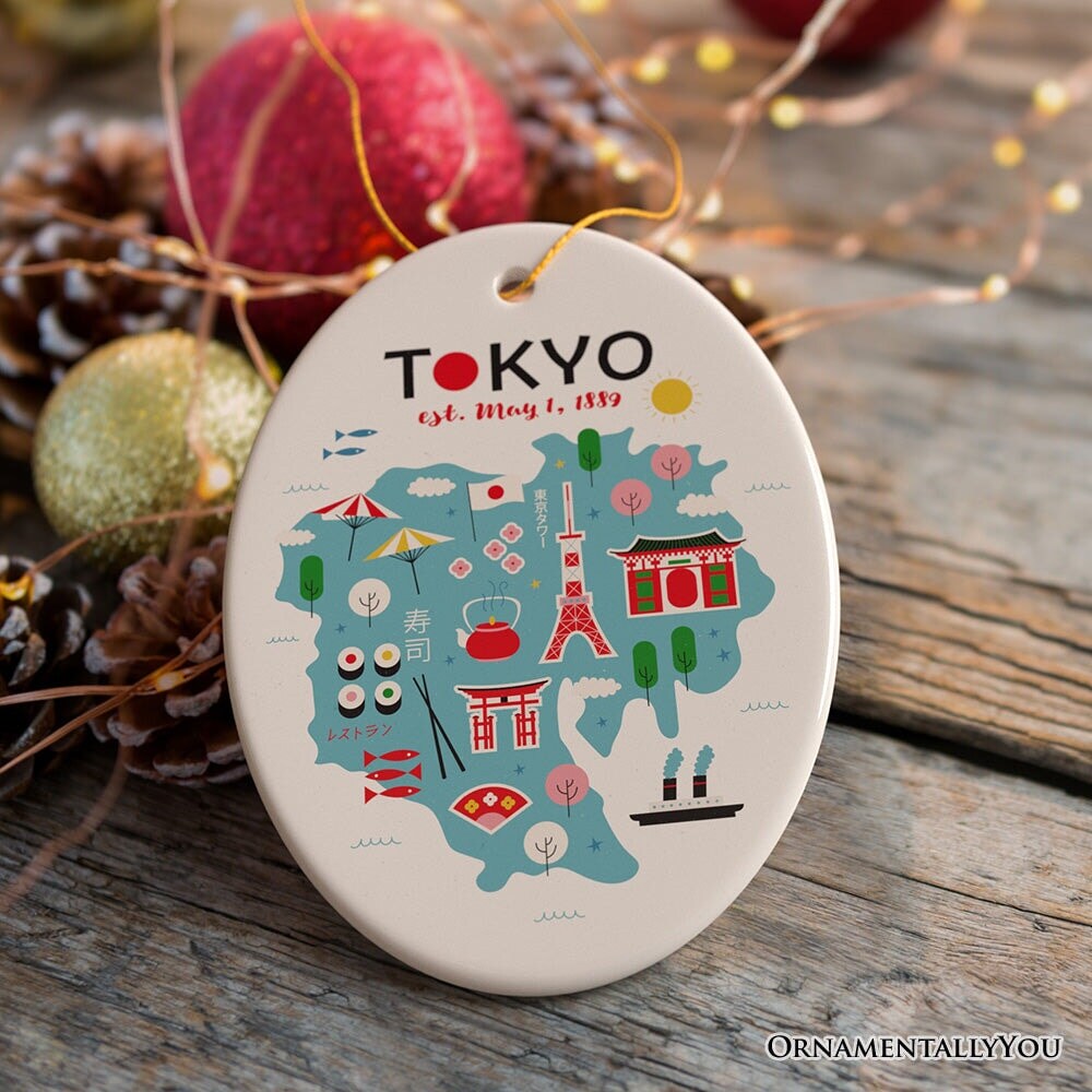 Minimalistic Elegant Tokyo Cultural Ornament, Vintage Japanese Landmarks Gift