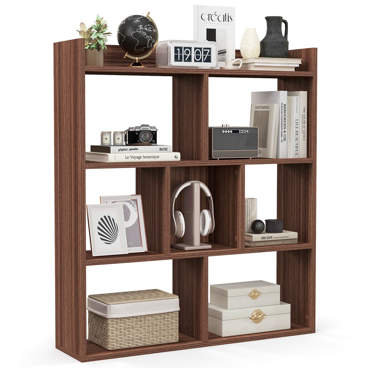 Costway 1/2 PCS 7-cube Bookcase Open Storage Shelf with Anti-tipping Kits for Living Room Walnut