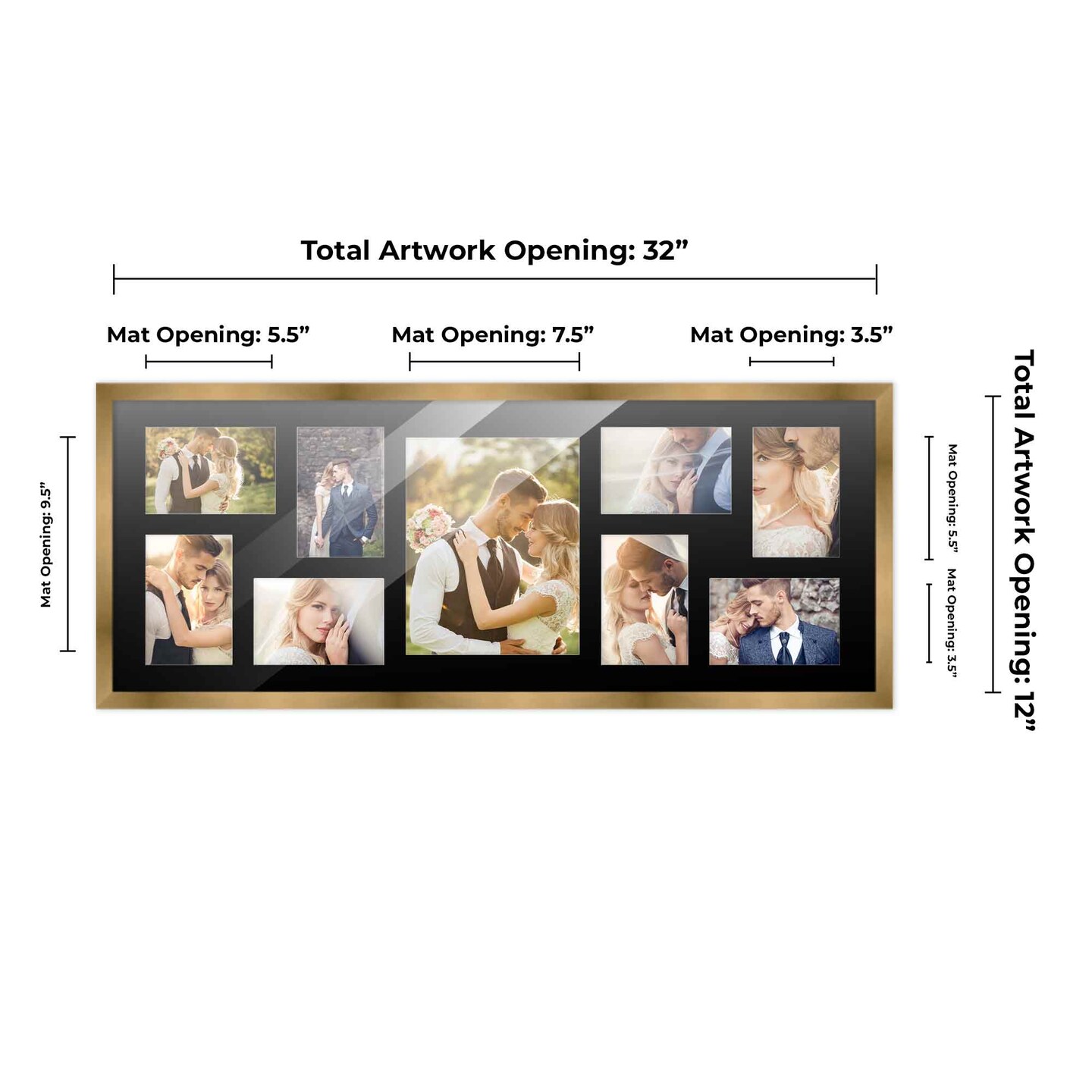 Metallic Gold Bronze Finish Collage Frame - Black Mat, 20 Frame Sizes to Choose From, UV Acrylic, Wall Hanging Hardware, Vertical or Horizontal Display