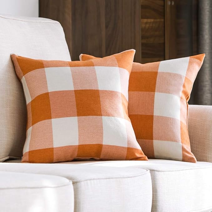 Fall Pack of 2 Decorative Classic Farmhouse Buffaloes Check Plaid Throw Pillow Covers Polyester Linen Soft Soild Orange Cushion Case for Halloween Sofa Bedroom Outdoor 18 x 18"
