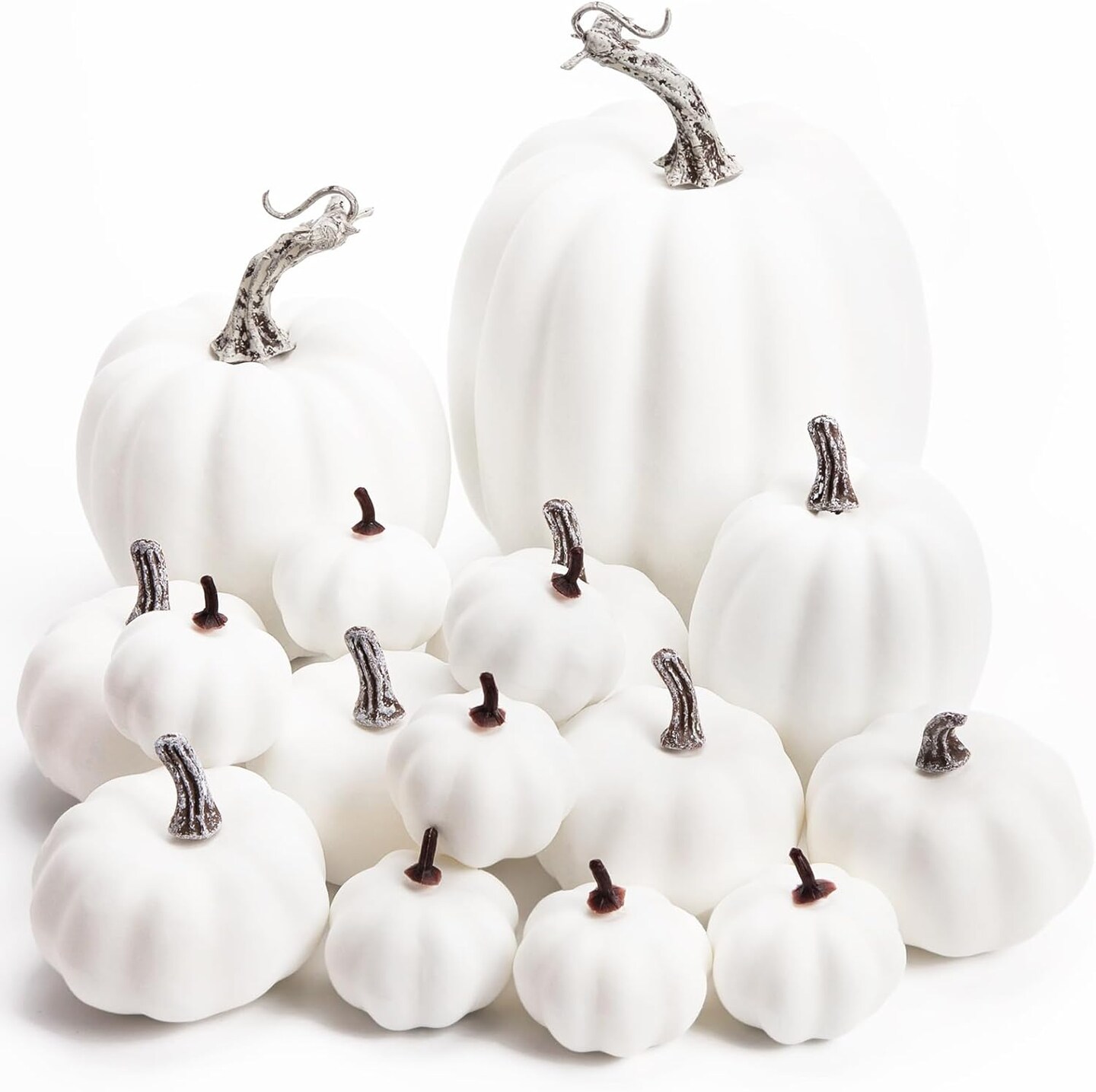 16 Artificial White Pumpkins, Assorted Sizes Fake Faux Rustic Harvest Farmhouse Pumpkins for Halloween, Thanksgiving, Fall, and Autumn Season Decorations.