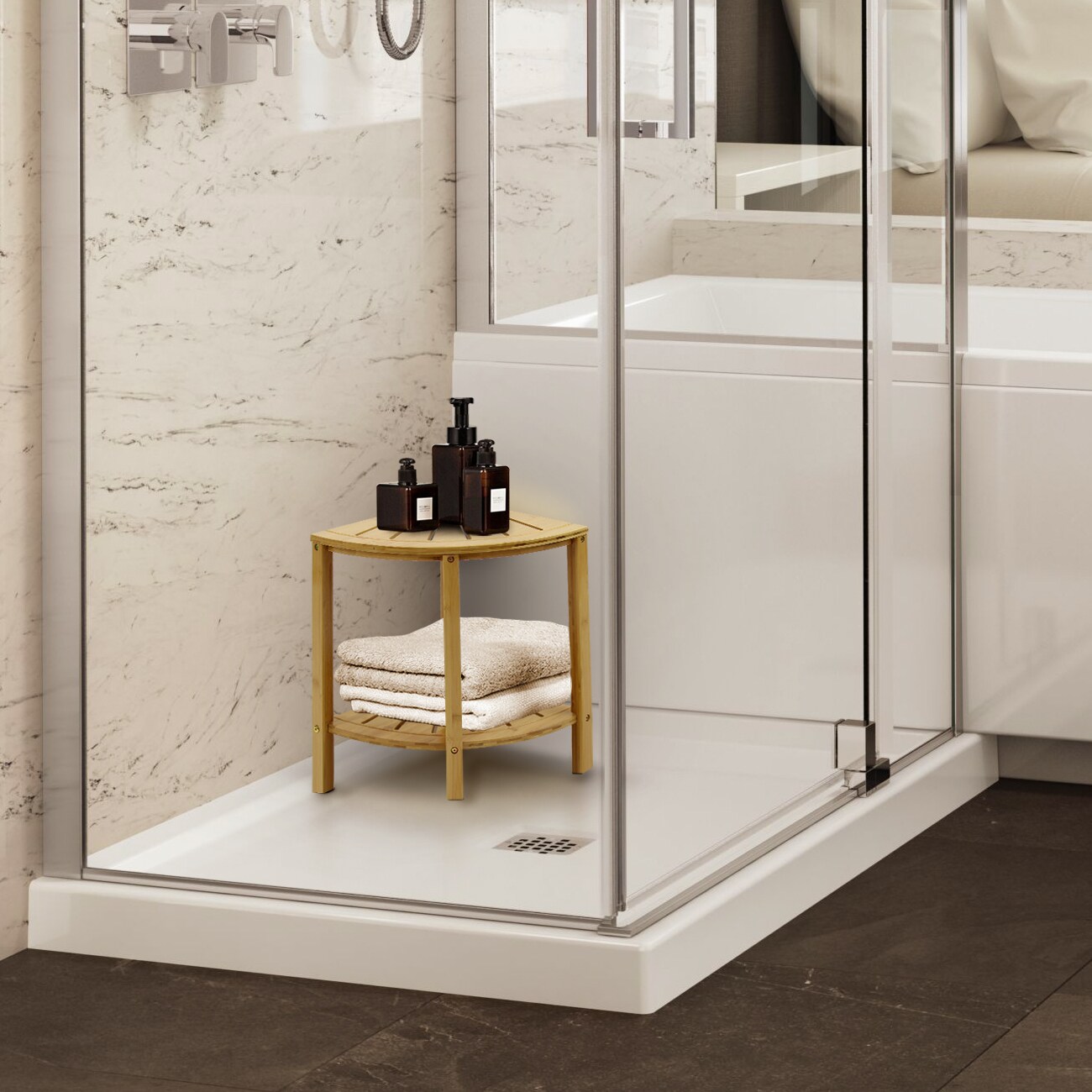 Sorbus Corner Shower Stool Teak Bench with Shelf — 2-Tier Wood Storage & Seat for Bathroom, Shower, Spa, Sauna