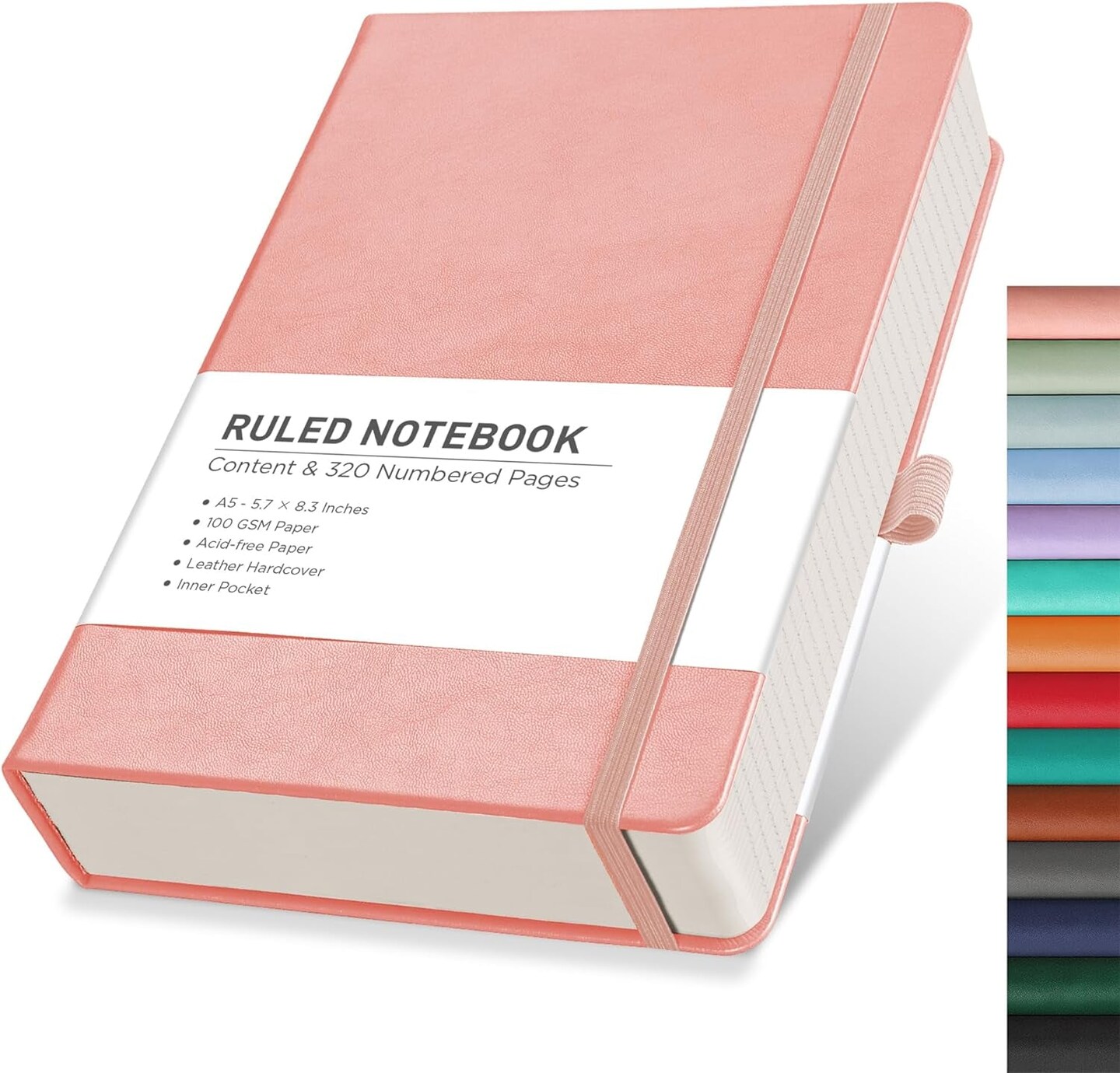 Notebook Journal - A5 College Ruled Notebook with 320 Numbered Pages, Journal for Women, Work, Writing, 100 GSM Acid-Free Paper, Leather Hardcover, Inner Pocket, 5.7&#x27;&#x27; &#xD7; 8.3&#x27;&#x27; (Pink)