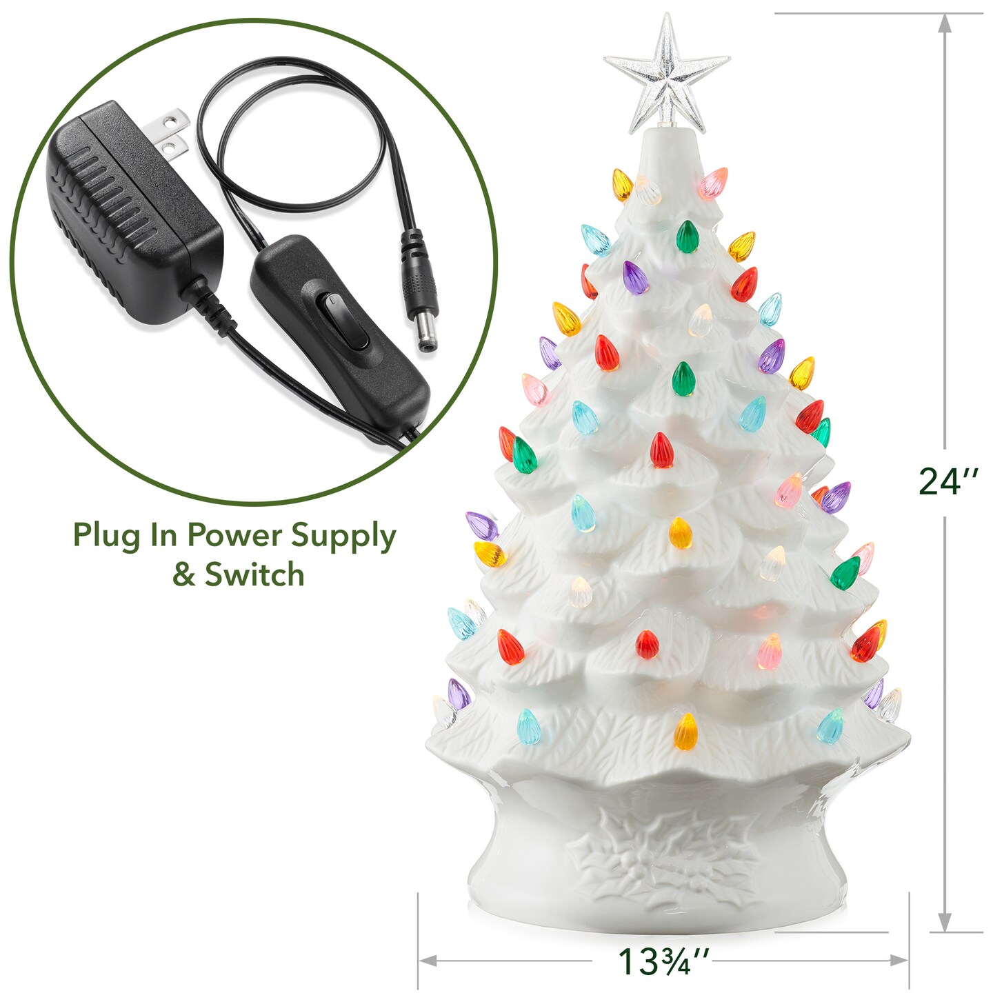 Casafield Hand Painted Ceramic Christmas Tree, 24-Inch Pre-Lit Tree with 148 Multi Color Lights and 2 Star Toppers