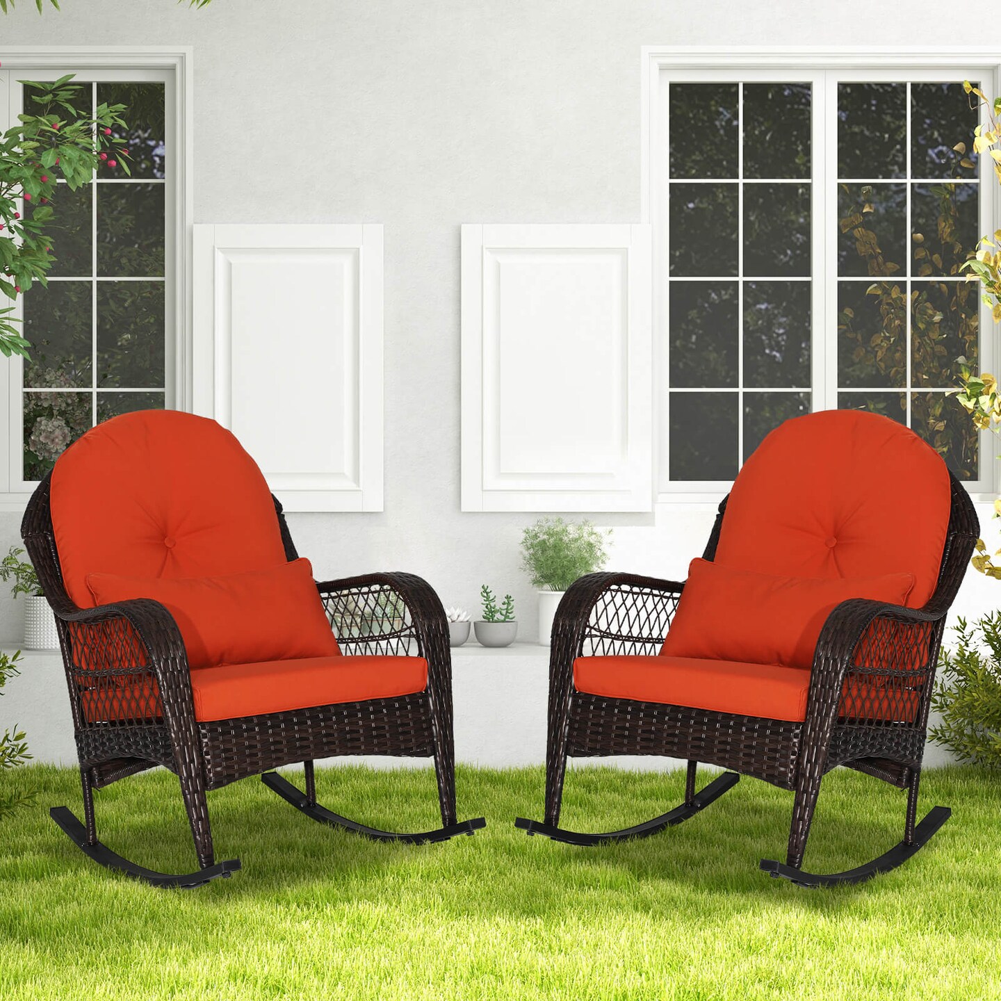 Costway 2PCS Patio Wicker Rocking Chair W/Seat Back Cushions &#x26; Lumbar Pillow Balcony