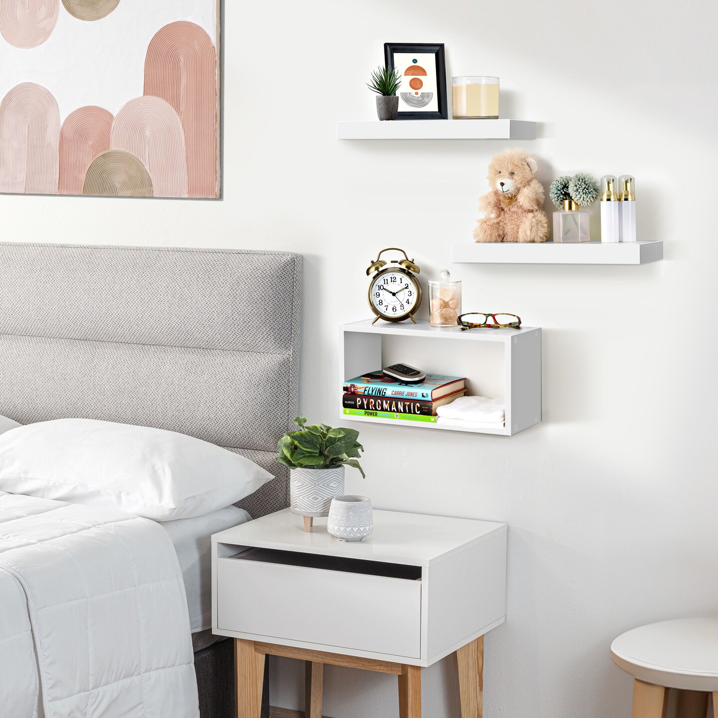 Sorbus Floating Shelves for Wall Set of 3 - Bathroom Shelves for Wall Storage, Over Toilet, Bedroom, Farmhouse, Wall Decor - 2 Floating Shelves with Invisible Brackets & 1 Rectangular Box