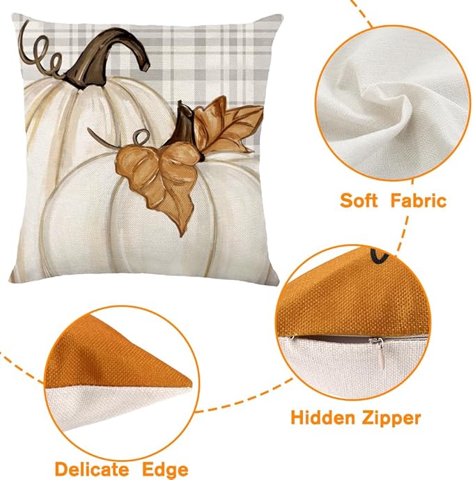 Fall Pumpkin Throw Pillow Covers 18x18 Set of 4, Maple Leaf Love Autumn Thanksgiving Harvest Decorative Pillows Outdoor Farmhouse Seasonal Cushion Cover for Home Sofa Couch Decor