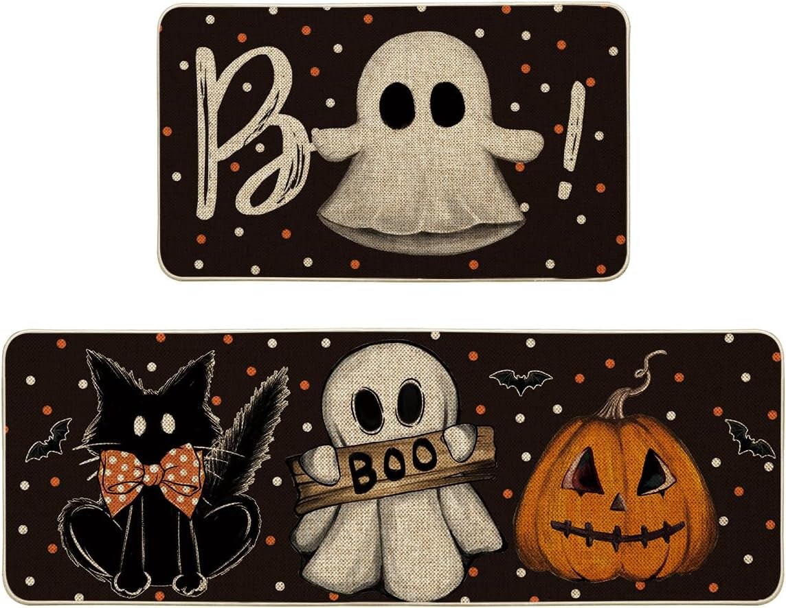 Bats Black Cats Boo Pumpkin Halloween Kitchen Mats, Home Decor Low-Profile Kitchen Rugs for Floor - 17X29 and 17X47 Inch