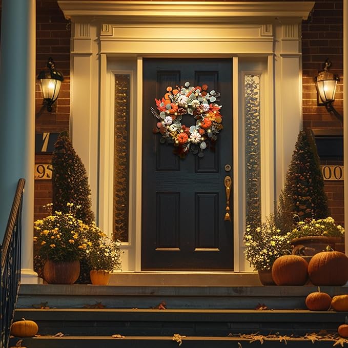 Fall Wreath for Front Door, 24" Harvest Autumn Eucalyptus Wreaths with Lights for Home Porch Decoration, Farmhouse Pumpkin Wreaths for Outdoor Table Centerpiece Thanksgiving Halloween Decorations