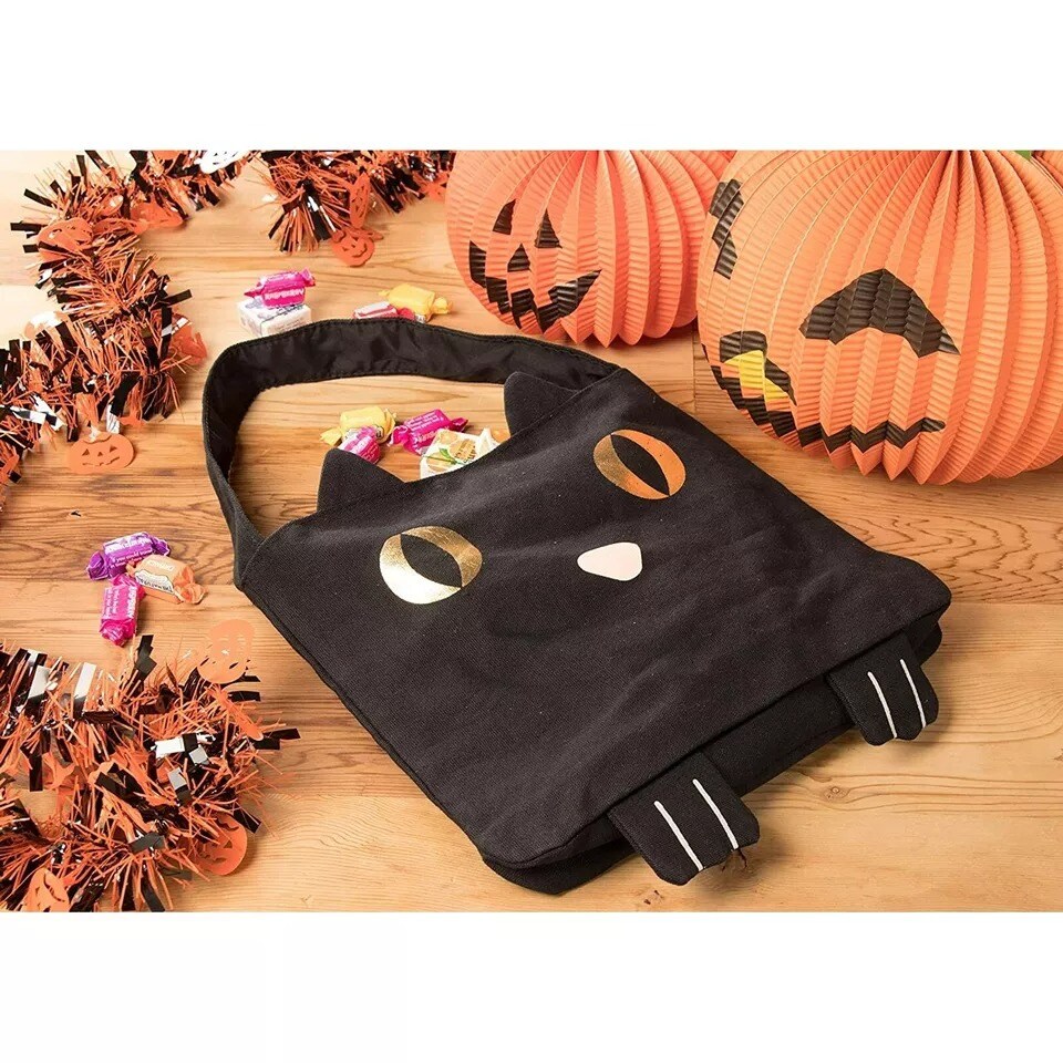 Halloween Tote Bag for Trick or Treat Cotton Black Cat Candy Witch Costume Party