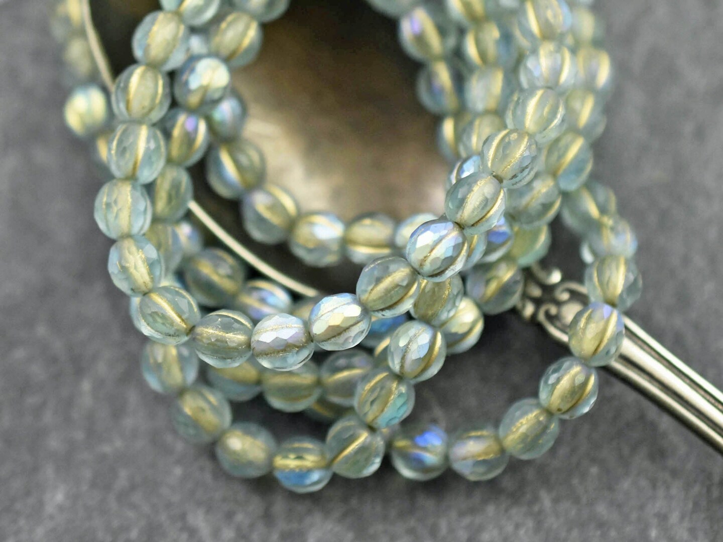 *25* 6mm Gold Washed Matte Blue Aqua AB Faceted Round Melon Beads