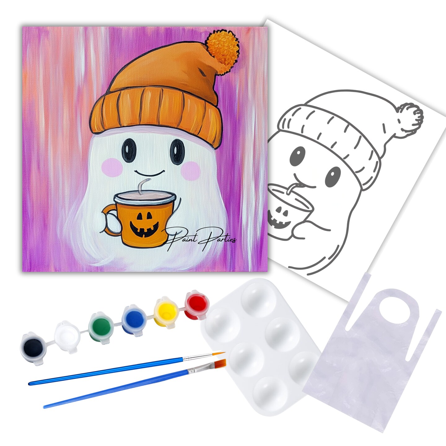 "Pumpkin Cup Ghost" DIY Canvas Art Kit, Adult Beginner, Acrylic Paint Size 11x14 inch
