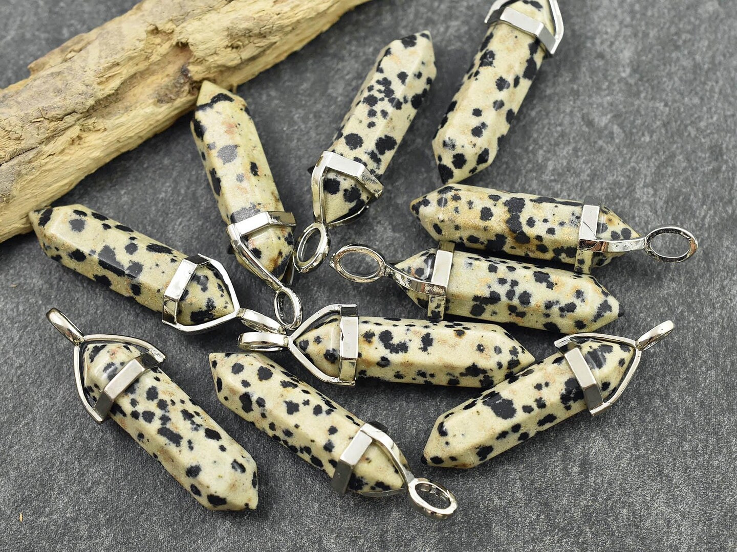 40mm Platinum Tone Natural Dalmation Jasper Double Terminated Bullet Pendant
