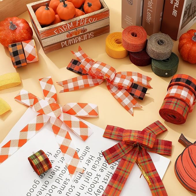 10 rolls of 50 yards each of fall plaid burlap ribbon, 1 inch gift wrapping ribbon, and autumn decorative ribbon for DIY crafts. Wreath and Bow Making Supplies for Home Decor
