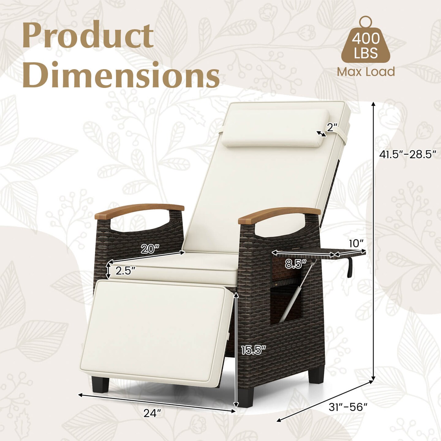 Costway 1/2 PCS Patio Wicker Recliner Chair with Adjustable Backrest Footrest Flip Side Table White/Black