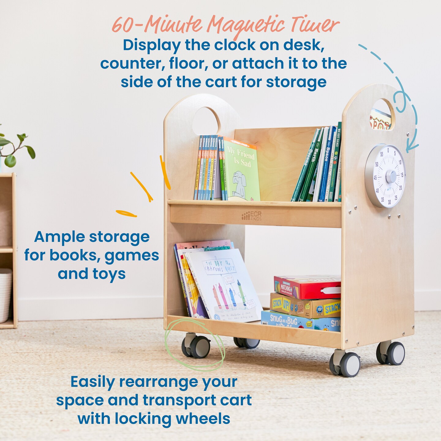 Mobile Book Cart with Countdown Timer, Classroom Bookshelf
