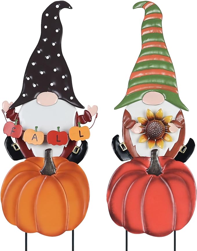 Fall Decorations for Home Outdoor, 2 Pieces Metal Gnome Decorative Garden Stakes with Pumpkins for Fall Decor, Yard Signs for Garden, Home, Lawn, Patio, Thanksgiving Decorations