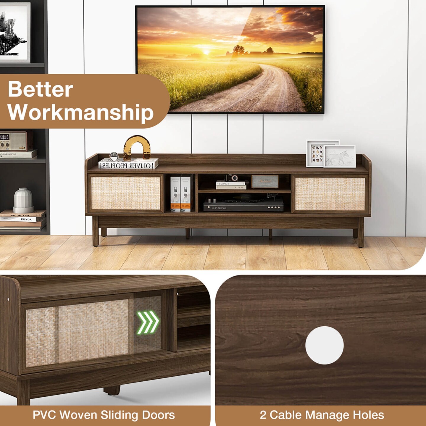 Costway Wooden TV Stand for TVs up to 65&#x22; with Storage Adjustable Shelf &#x26; Sliding Doors Walnut