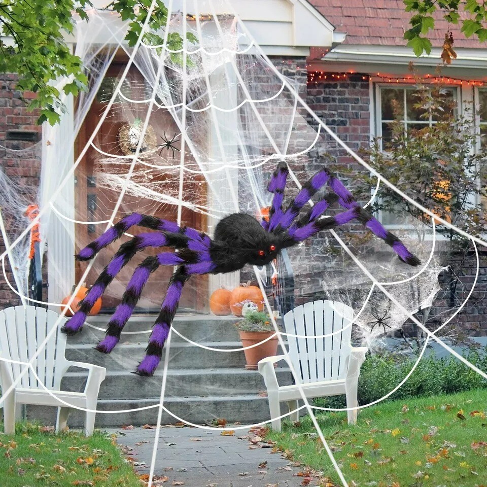Halloween Hanging Decor Giant Realistic Hairy Spider Outdoor Yard Decor, Purple